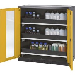 asecos Armoire de laboratoire pour produits chimiques, 2 portes, mi-hauteur, 3 tablettes coulissantes, avec vitre, jaune