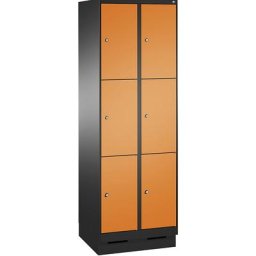 C+P Armoire à casiers sur socle EVOLO, 2 compartiments, 3 casiers chacun, largeur compartiments 300 mm, gris noir / orange jaune