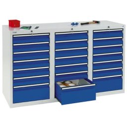 Armoire à tiroirs, h x l x p 900 x 1500 x 500 mm, 18 tiroirs hauteur 100 mm, 3 hauteur 200 mm, corps gris, tiroirs bleu gentiane