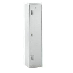 Vestiaire métallique, 1 tablette supérieure, 1 cloison médiane, 1 tringle, 3 tablettes, loqueteau pour cadenas, porte gris clair