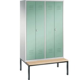 C+P Penderie CLASSIC avec banc inférieur et portes fermant l'une contre l'autre, 4 compartiments, largeur compartiments 300 mm, gris clair / vert clair
