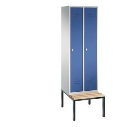 C+P Vestiaire CLASSIC avec banc monté en dessous, 2 compartiments, largeur compartiments 300 mm, gris clair / bleu gentiane