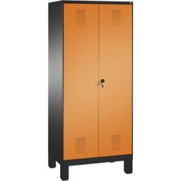 C+P Armoire de rangement sur pieds EVOLO, à portes fermant l'une contre l'autre, 2 compartiments, 8 tablettes, largeur compartiments 400 mm, gris noir / orange jaune