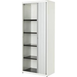 mauser Armoire à rideau vertical, h x l x p 1956 x 800 x 432 mm, plateau en acier, 4 tablettes, blanc pur / aluminium / blanc pur
