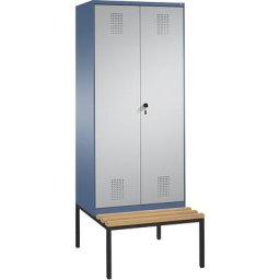 C+P Penderie EVOLO à portes fermant l'une contre l'autre, avec banc, 2 compartiments, largeur compartiments 400 mm, bleu distant / aluminium