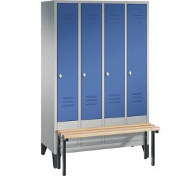 C+P Vestiaire CLASSIC avec banc frontal, 4 compartiments, largeur compartiments 300 mm, aluminium / bleu gentiane