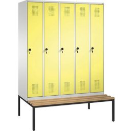 C+P Penderie EVOLO avec banc, 5 compartiments, largeur compartiments 300 mm, gris clair / jaune soufre