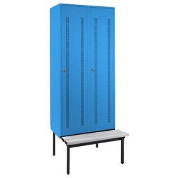 Wolf Vestiaire avec banc monté en dessous, portes en tôle perforée, largeur compartiments 400 mm, 2 compartiments, bleu clair