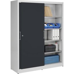 eurokraft pro Armoire à portes coulissantes, hauteur 1950 mm, avec cloison médiane et 2 x 4 tablettes, largeur 1500 mm, profondeur 500 mm, portes anthracite RAL 7016