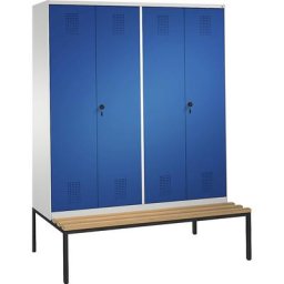 C+P Penderie EVOLO à portes fermant l'une contre l'autre, avec banc, 4 compartiments, largeur compartiments 400 mm, gris clair / bleu gentiane