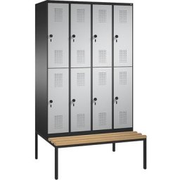 C+P Penderie EVOLO à deux étages, avec banc, 4 compartiments, 2 casiers chacun, largeur compartiments 300 mm, gris noir / aluminium