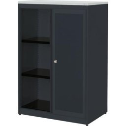 mauser Armoire à portes coulissantes, à effet acoustique, plateau en plastique, h x l x p 1180 x 800 x 432 mm, 2 tablettes, anthracite / anthracite / gris clair