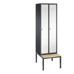 C+P Vestiaire CLASSIC avec banc monté en dessous, 2 compartiments, largeur compartiments 300 mm, gris noir / blanc trafic