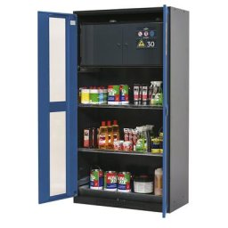asecos Armoire pour produits chimiques, porte vitrée, avec coffre pour produits dangereux, coloris porte bleu gentiane RAL 5010