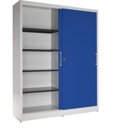 mauser Armoire à portes coulissantes, 8 tablettes, cloison médiane, h x l x p 1965 x 1600 x 500 mm, gris clair / bleu outremer