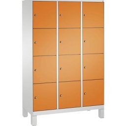 C+P Armoire à casiers sur pieds EVOLO, 3 compartiments, 4 casiers chacun, largeur compartiments 400 mm, gris clair / orange jaune