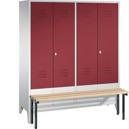 C+P Penderie CLASSIC avec banc frontal et portes fermant l'une contre l'autre, 4 compartiments, largeur compartiments 400 mm, gris clair / rouge rubis