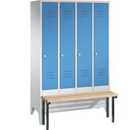 C+P Vestiaire CLASSIC avec banc frontal, 4 compartiments, largeur compartiments 300 mm, gris clair / bleu clair