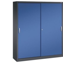 C+P Armoire à portes coulissantes ACURADO, 6 tablettes, 2 casiers verrouillables, h x l x p 1950 x 1600 x 400 mm, gris noir / bleu gentiane