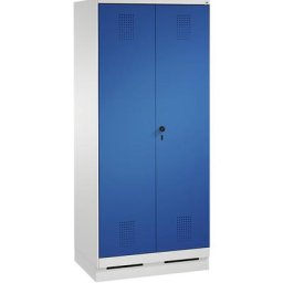 C+P Armoire de rangement sur socle EVOLO, à portes fermant l'une contre l'autre, 2 compartiments, largeur compartiments 400 mm, avec 8 tablettes, gris clair / bleu gentiane