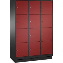 C+P Armoire à casiers sur socle EVOLO, 3 compartiments, 4 casiers chacun, largeur compartiments 400 mm, gris noir / rouge rubis
