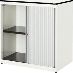 mauser Armoire à rideau vertical, h x l x p 818 x 800 x 432 mm, plateau à noyau plein, 1 tablette, blanc pur / aluminium / blanc