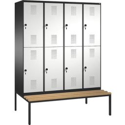 C+P Penderie EVOLO à deux étages, avec banc, 4 compartiments, 2 casiers chacun, largeur compartiments 400 mm, gris noir / gris clair