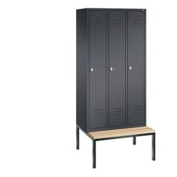 C+P Vestiaire CLASSIC avec banc monté en dessous, 3 compartiments, largeur compartiments 300 mm, gris noir