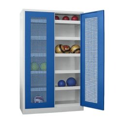 Pavoy Armoire à ballons à portes battantes, hauteur 1950 mm, avec portes en tôle perforée, largeur 1000 mm, gris / bleu