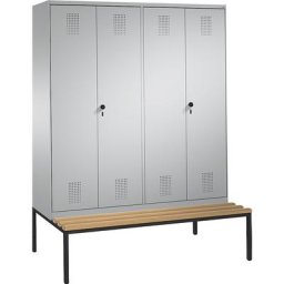 C+P Penderie EVOLO à portes fermant l'une contre l'autre, avec banc, 4 compartiments, largeur compartiments 400 mm, aluminium / aluminium