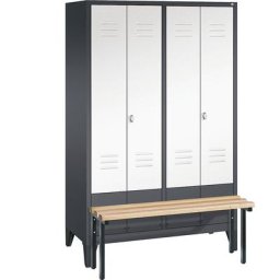 C+P Penderie CLASSIC avec banc frontal et portes fermant l'une contre l'autre, 4 compartiments, largeur compartiments 300 mm, gris noir / blanc trafic