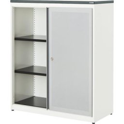 mauser Armoire à portes coulissantes, à effet acoustique, plateau en plastique, h x l x p 1180 x 1000 x 432 mm, 2 tablettes, blanc pur / aluminium / blanc