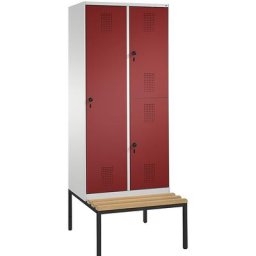 C+P Armoire combinée EVOLO, à un ou deux étages, avec banc, 2 compartiments, 3 portes, largeur compartiments 400 mm, gris clair / rouge rubis