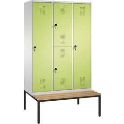 C+P Armoire combinée EVOLO, à un ou deux étages, avec banc, 3 compartiments, 4 portes, largeur compartiments 400 mm, gris clair / vert