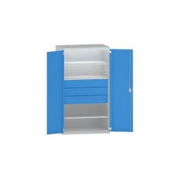 eurokraft pro Armoire pour charges lourdes en acier, 3 tablettes, 3 tiroirs hauteur 180 mm, gris clair / bleu clair
