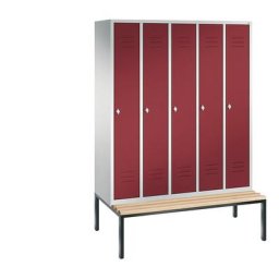 C+P Vestiaire CLASSIC avec banc monté en dessous, 5 compartiments, largeur compartiments 300 mm, gris clair / rouge rubis
