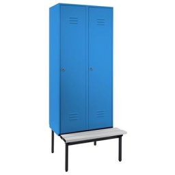 Wolf Vestiaire avec banc monté en dessous, portes à parois pleines, largeur compartiments 400 mm, 2 compartiments, bleu clair
