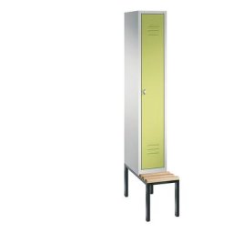 C+P Vestiaire CLASSIC avec banc monté en dessous, 1 compartiment, largeur compartiment 300 mm, gris clair / vert viridin