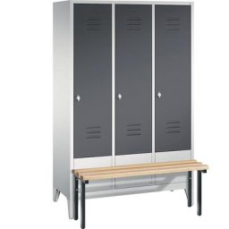 C+P Vestiaire CLASSIC avec banc frontal, 3 compartiments, largeur compartiments 400 mm, gris clair / gris noir
