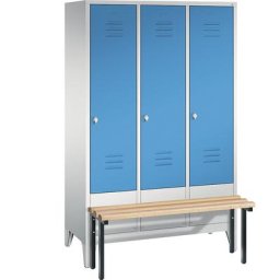 C+P Vestiaire CLASSIC avec banc frontal, 3 compartiments, largeur compartiments 400 mm, gris clair / bleu clair