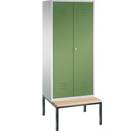 C+P Penderie CLASSIC avec banc inférieur et portes fermant l'une contre l'autre, 2 compartiments, largeur compartiments 400 mm, gris clair / vert réséda
