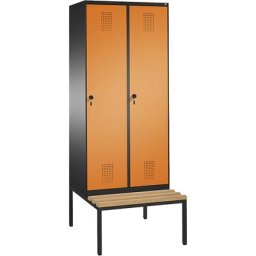 C+P Penderie EVOLO avec banc, 2 compartiments, largeur compartiments 400 mm, gris noir / orange jaune