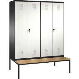 C+P Penderie EVOLO à portes fermant l'une contre l'autre, avec banc, 4 compartiments, largeur compartiments 400 mm, gris noir / blanc pur