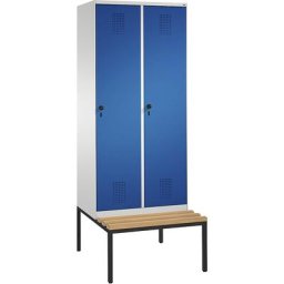 C+P Penderie EVOLO avec banc, 2 compartiments, largeur compartiments 400 mm, gris clair / bleu gentiane