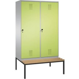 C+P Penderie EVOLO avec banc, porte au-dessus de 2 compartiments, 4 compartiments, 2 portes, largeur compartiments 300 mm, aluminium / vert