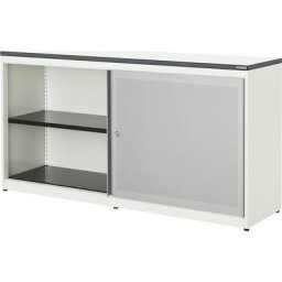mauser Armoire à portes coulissantes, à effet acoustique, plateau en plastique, h x l x p 830 x 1600 x 432 mm, 2 x 1 tablette, blanc pur / aluminium / blanc