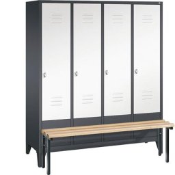 C+P Vestiaire CLASSIC avec banc frontal, 4 compartiments, largeur compartiments 400 mm, gris noir / blanc trafic