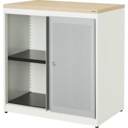 mauser Armoire à portes coulissantes, à effet acoustique, plateau en plastique, h x l x p 830 x 800 x 432 mm, 1 tablette, blanc pur / aluminium / érable