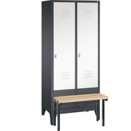 C+P Vestiaire CLASSIC avec banc frontal, 2 compartiments, largeur compartiments 400 mm, gris noir / blanc trafic