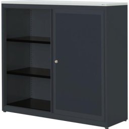 mauser Armoire à portes coulissantes, à effet acoustique, plateau en plastique, h x l x p 1180 x 1200 x 432 mm, 2 tablettes, anthracite / anthracite / gris clair
